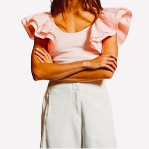 Pink Ribbed Knit Top with Ruffle Sleeves